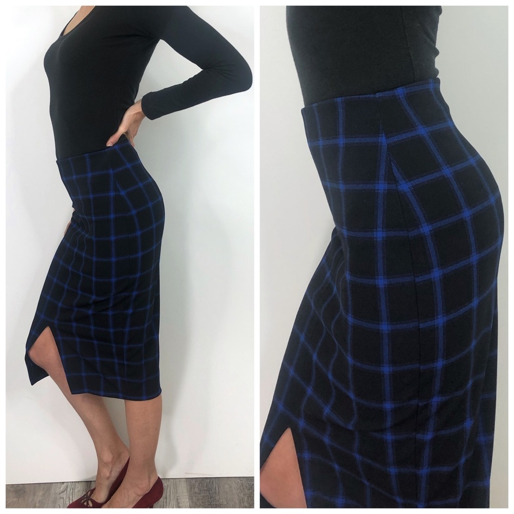 Old Navy Blue Plaid Stretch Midi Pencil Skirt